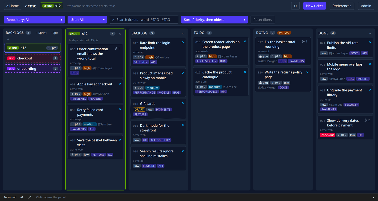 The board: a running sprint beside the backlog, todo, doing and done columns