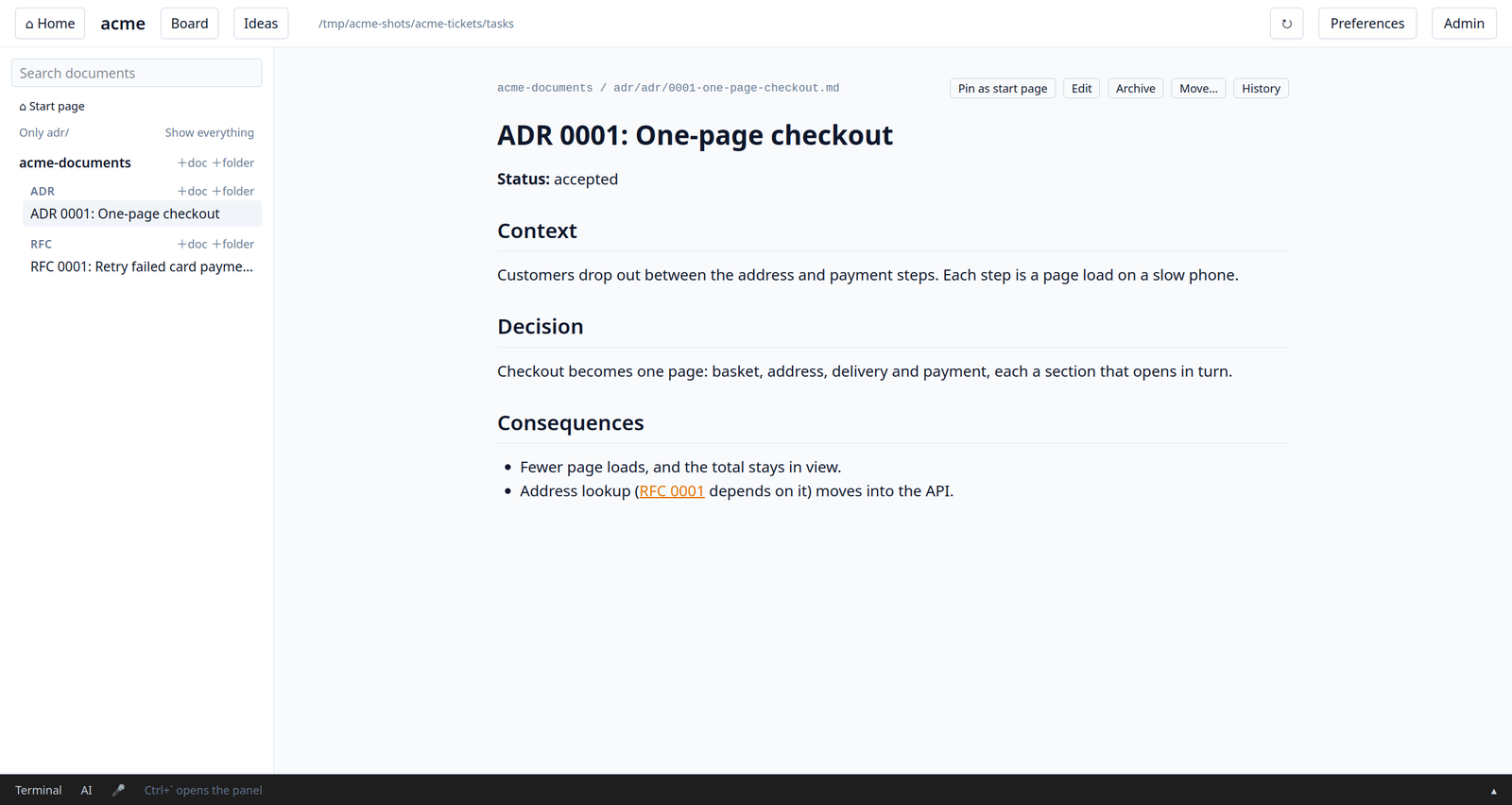 Documents, with an architecture decision record open