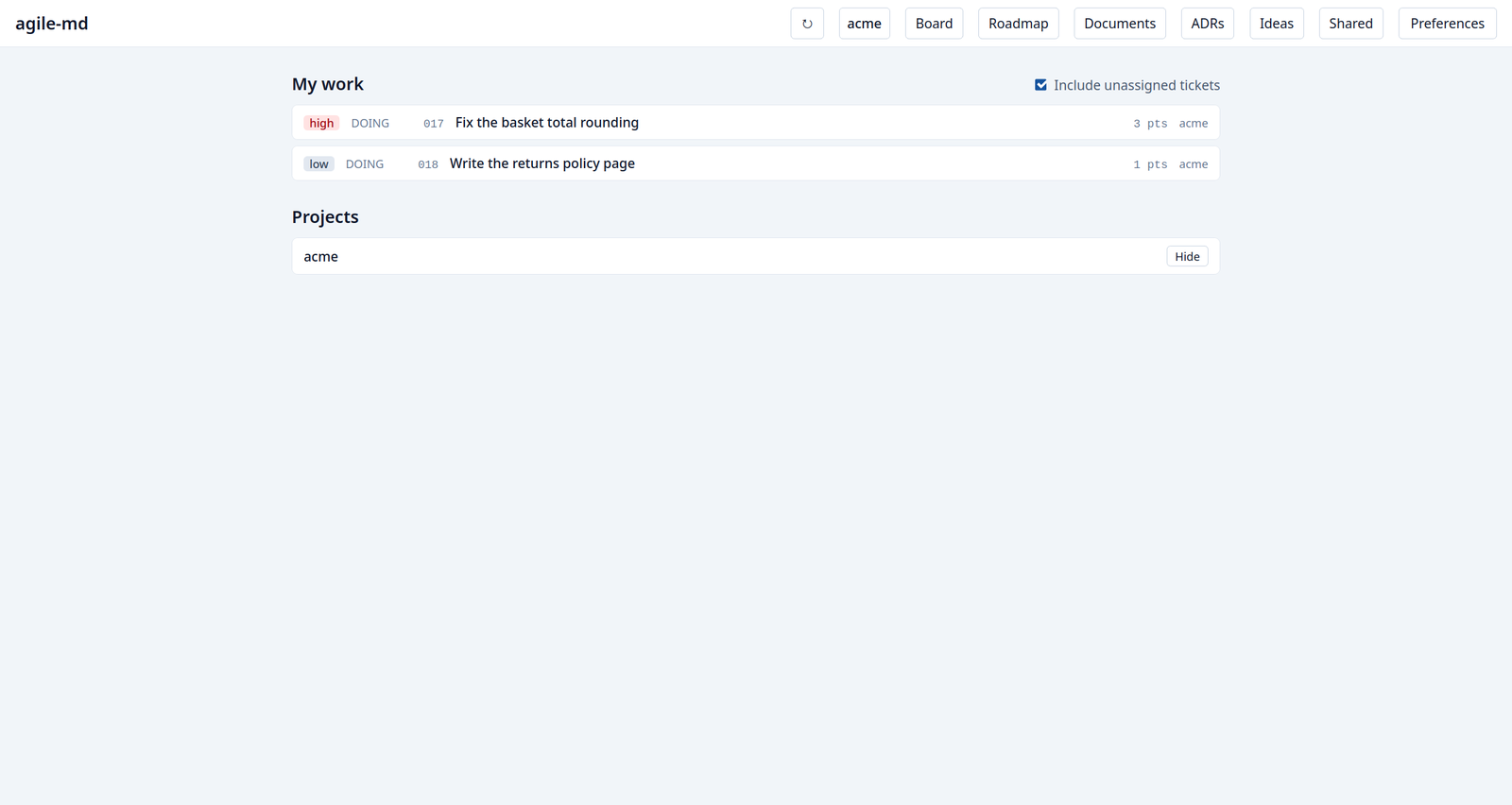 The landing page: My work and the projects