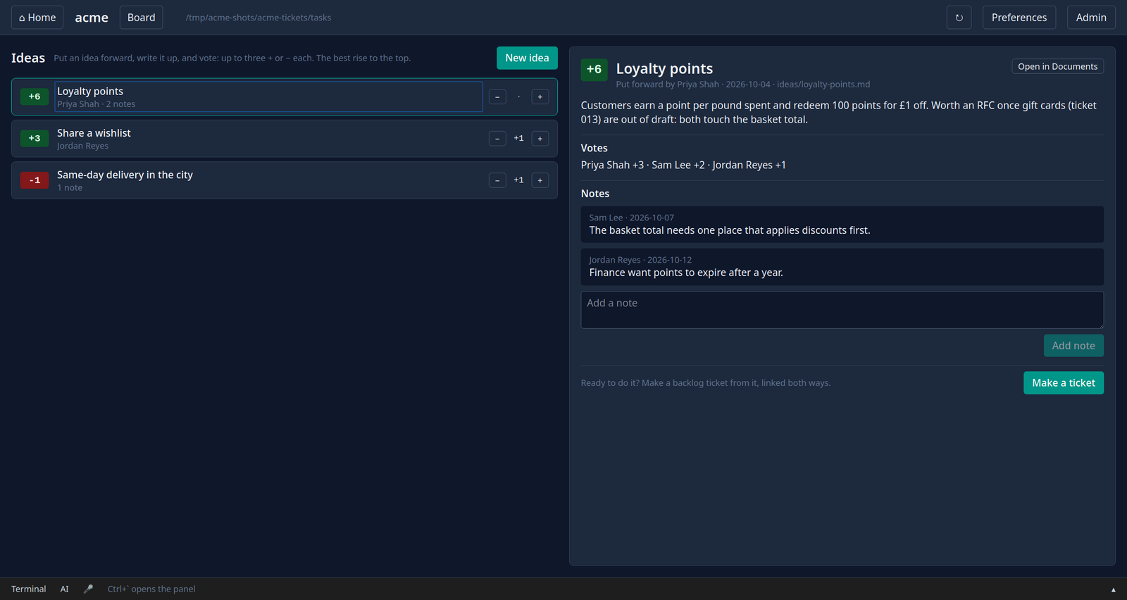 Ideas, best voted first, with one open showing its votes and notes