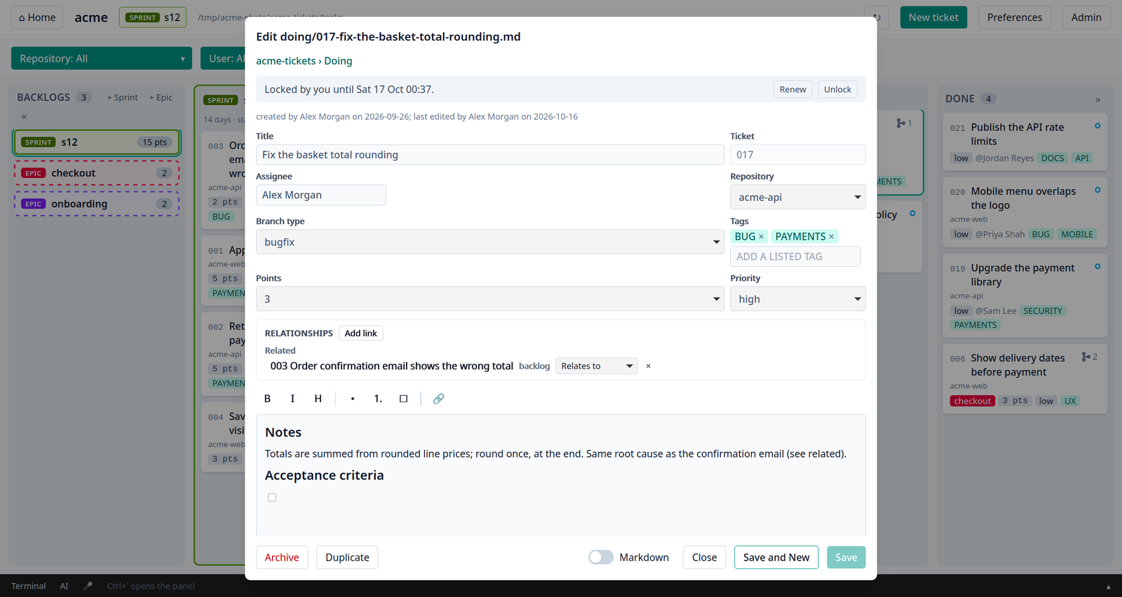 A ticket open in the editor, with its lock, fields and notes
